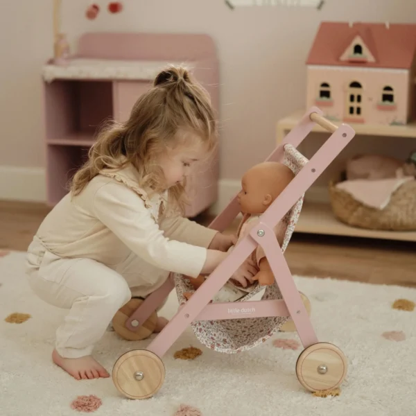 עגלת בובה טיולון מעץ 'אביב פרחוני' Little Dutch