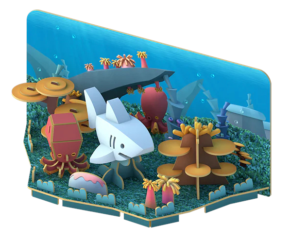 הרכבה כריש לבן מגנטי עם שלד וסביבת מחיה 3D Halftoys