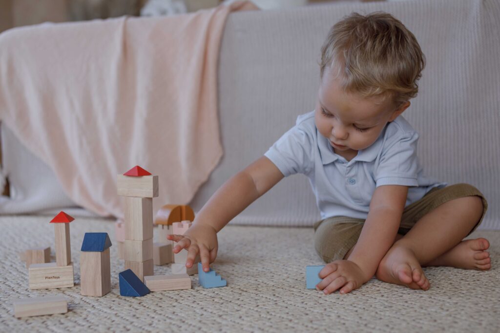 קוביות אדום כחול טירה Plan Toys