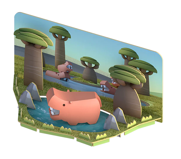 הרכבה היפופוטם מגנטי עם שלד וסביבת מחיה 3D Halftoys