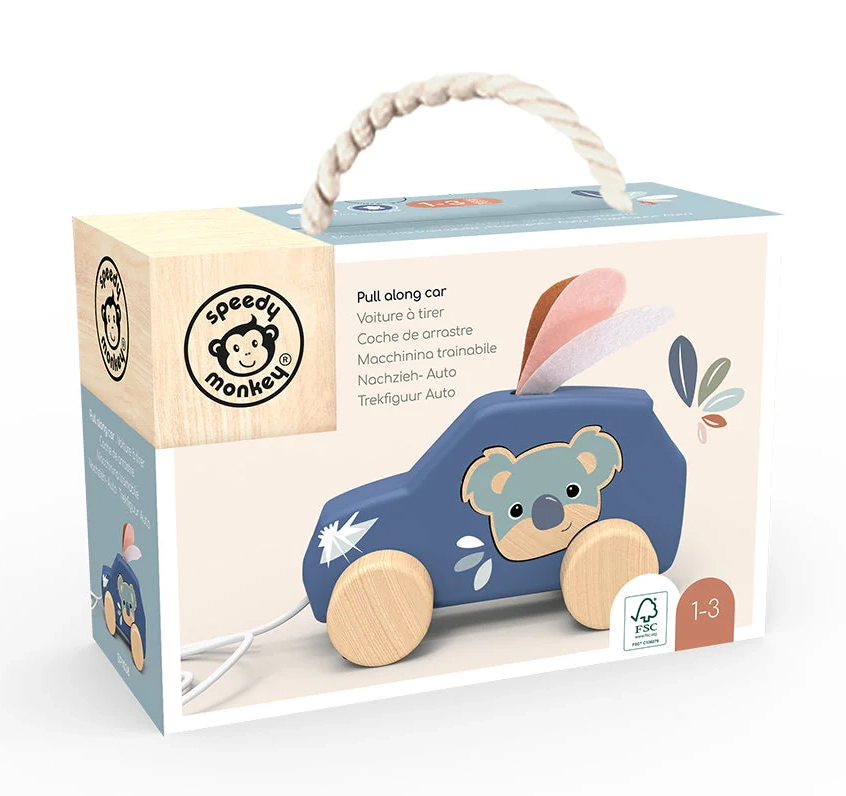 מכונית נגררת מעץ עם דמות דובי Speedy Monkey