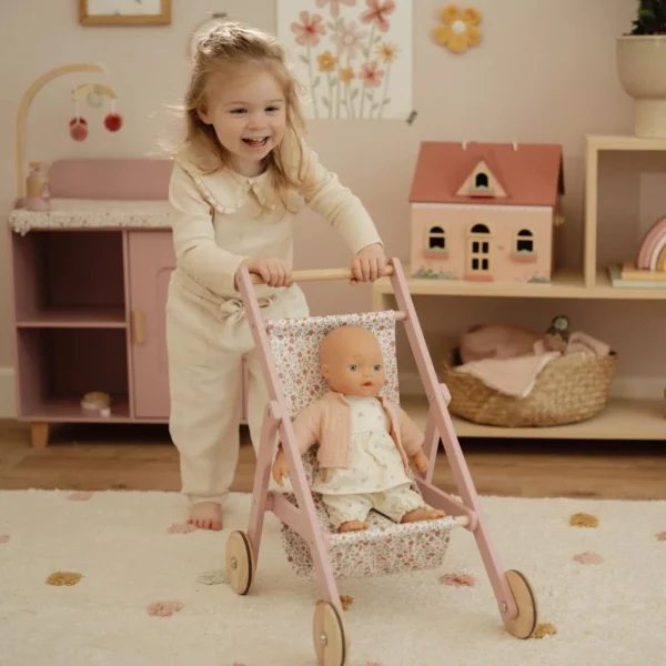 עגלת בובה טיולון מעץ 'אביב פרחוני' Little Dutch